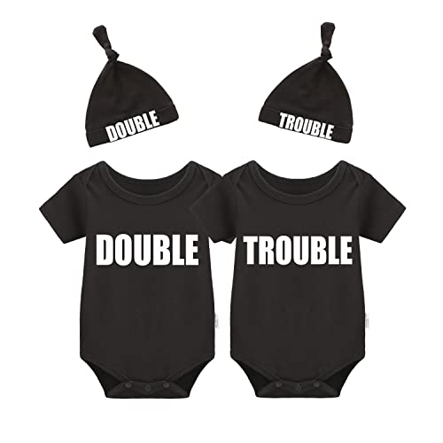 Baby Twins Bodysuits Funny Double Trouble Cute Romper Twin Jumpsuits Hat Set Black Trdo 0-3M