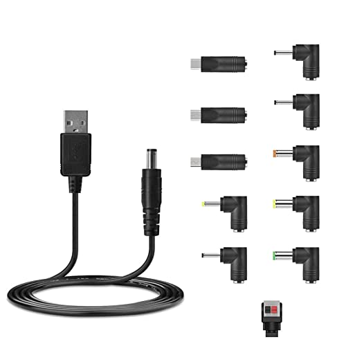 Universal DC Charging Cable, USB to DC 5V Power Cable Cord 5.5x2.1mm with 11 Connector Tips(5.5x2.5, 4.8x1.7, 4.0x1.7, 4.0x1.35, 3.5x1.35, 3.0x1.1, 2.5x0.7, Micro USB, Type-C, Mini USB, LED Convert)