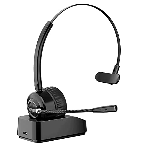 Bluetooth Headset,Trucker Bluetooth Headset with Microphone, Up to 20 Hrs Talk Time Wireless Headset with Charging Dock, Mute Function for PC, Call Center, Home Office, Skype