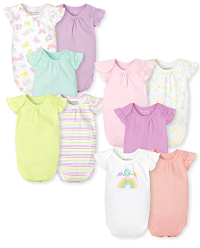 Baby 10 Pack Short Sleeve 100% Cotton Bodysuits, Solid/Butterfly/Stripe/Star/Rainbo-10 Pack, 0-3 Months