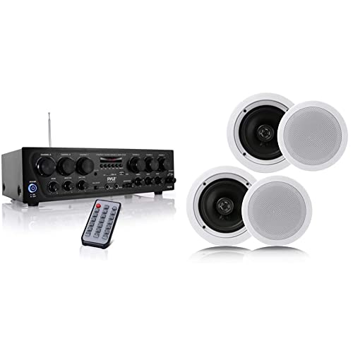 Bluetooth Home Audio Amplifier System & Pair 6.5 Flush Mount in-Wall in-Ceiling 2-Way Home Speaker System, White