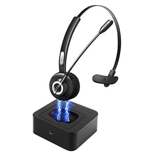 Bluetooth Headset with Microphone, Truck Driver Headset w/Charging Base, Wireless Office PC Hands-Free Headphone with Noise Canceling for Call Center, Skype, Supports Music 17 Hrs Talk Time