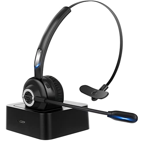 Bluetooth Headset with Microphone, Trucker Bluetooth Headset with Mic Charging Base, V5.0 Wireless Headset Active Noise Cancelling Hands Free Headphone for Home Office Call Center Skype
