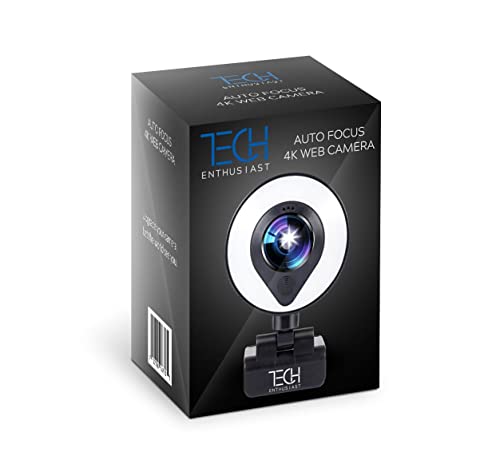 Tech Enthusiast 4K Webcam w/RingLight, 3264x2448 Dynamic Resolution, AI AutoFocus, Noise Reducing Mic, Touch LED Ring Light, Plug n' Play, Works w/Windows/Mac, VideoConferencing/Streaming/Gaming