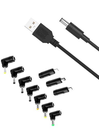 USB to DC 5V Power Charging Cable 5.5x2.1mm for Baby Monitor, Min Fan, TV Box, Camera, MP3, LED Pixel Light, Webcam with 10 Connector Tips