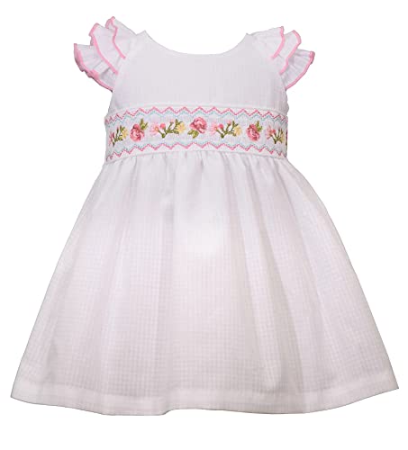 Baby Girls White Textured Pink Embroidered Roses Smocked Dress (3-6M)