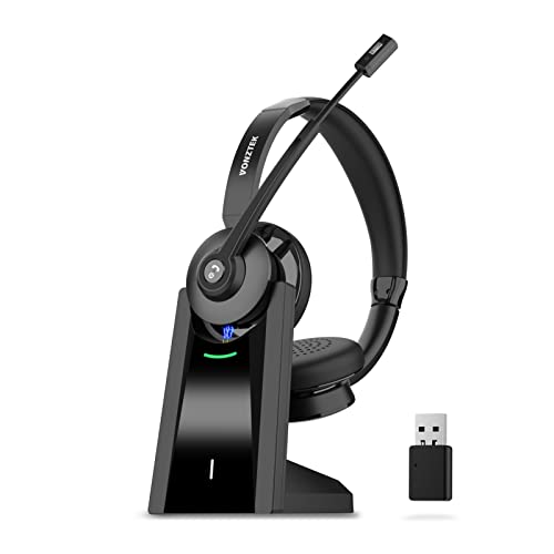 Bluetooth Headset, Wireless Headset with Microphone Noise Canceling, On Ear Headphone with Charging Base & USB Dongle, V5.2 Dual Connect Handsfree for Remote Work/Call Center/Online Class/PC/Laptop