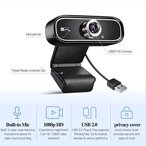 PC Webcam : 1080P Full HD Webcam USB Desktop & Laptop Webcam Live Streaming Webcam with Microphone Widescreen HD Video Webcam 90-Degree Extended View for Video Calling (HD Webcam)