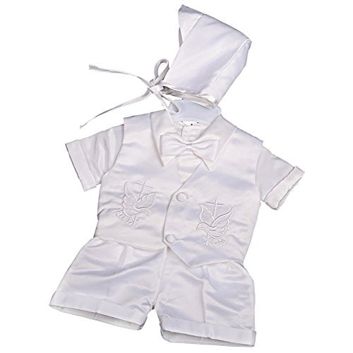 Baby Boys Baptism Christening Clothing Outfit White  Suit 4 Piece Set with Bonnet Size 3-6 Months Short Sleeve