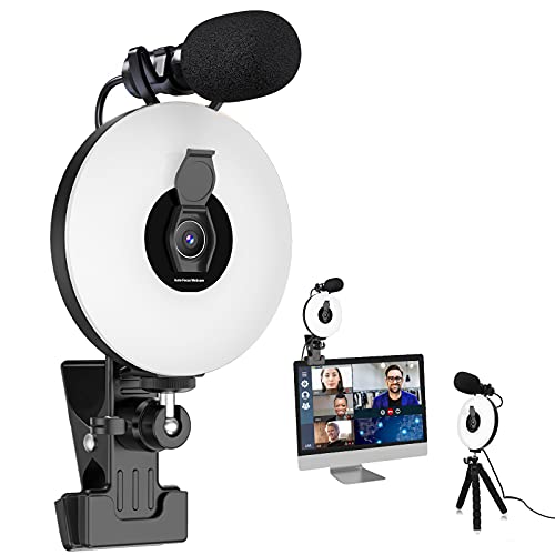 HD 1080P Webcam with Ring Light and Microphone kit, Auto-Focus, Adjustable Brightness,Video Cam Clip on for Online Learning, Zoom Meeting,Live, PC Desktop Computer(Not Suitable for laptops)