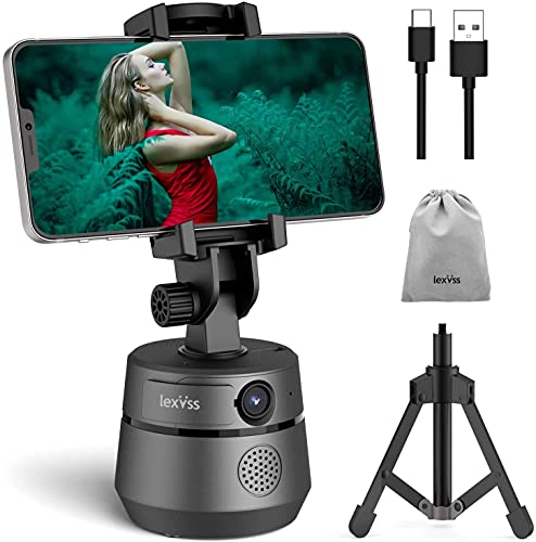 Auto Face Tracking 1080P Webcam with Microphone Tripod and Privacy Cover, 360 Rotation Shooting Mount Phone Holder for Vlog, Live Streaming, Video Conference, No App Required No Bluetooth (Grey)