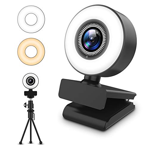 Streaming HD Webcam, 1080P Webcam with Ring Light & Dual Microphone, USB Adjustable Brightness Web Camera for Windows Laptop Desktop Gaming Xbox Zoom etc, Black