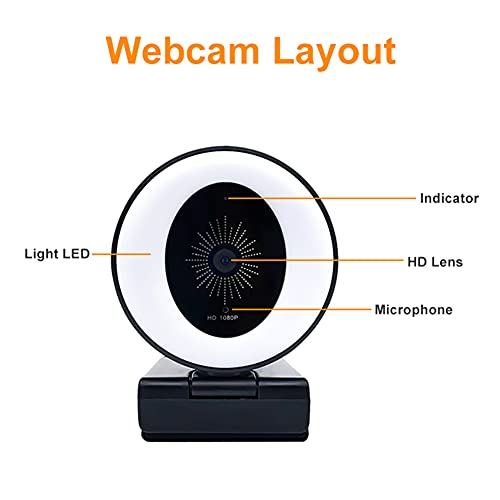 Webcam with Microphone for Desktop, 1080P Ring Light Full HD USB Computer Cameras with Tripod, Streaming Webcam with Rotable for Android/PC/Linux/Windows/Laptop(Black)