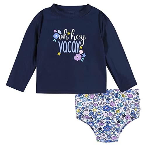 Girls' Baby Toddler Long Sleeved Rashguard Swim Bathing Suit Set, Purple Floral Shell, 6-9 Months