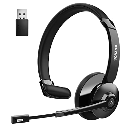 Bluetooth Headset, Wireless Headphones with Microphone Noise Canceling & USB Dongle, Trucker Bluetooth Headset with Mic Mute for Office Phone PC Computer Call Center Skype Zoom Meeting
