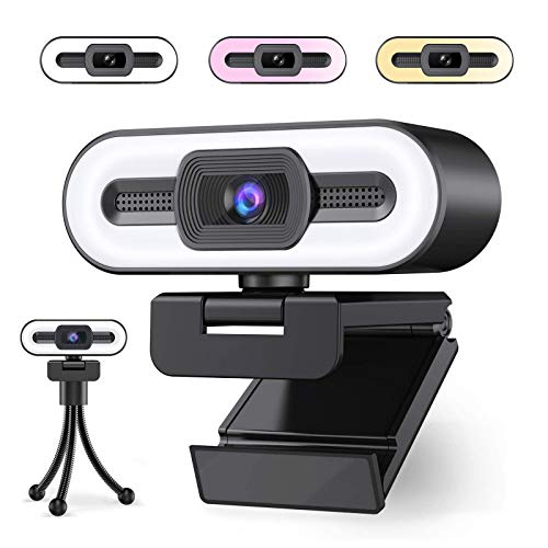 HD Webcam 1080P with Ring Light,Video Web Camera Built-in Microphone,Auto Focus,Adjustable Brightness,110 Degree Wide,Screen,Wide 360 Rotating Base,30 FPS Streaming Cam with Tripod, Plug and Play