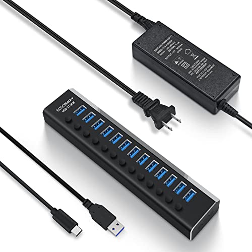 Powered USB Hub Aluminum 13 Port USB 3.1 Hub up to 10Gbps with 72W (12V/6A) Power Adapter and Individual Switches, Type A and Type C Cables, USB C Hub Expander for PC and Laptop (RSH-A13)