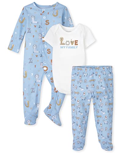 The Children s  Baby  Take Me Home Set, 100  Cotton, Short Bodysuit and Pants, Long Sleeve Sleep and Play, Animal Alphabet Love My Family, 0-3 Months