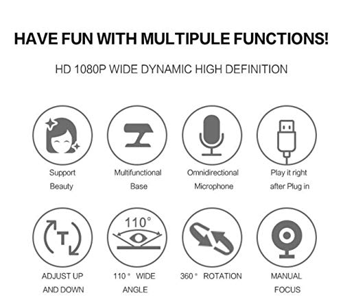 1080P Webcam, FullHD Web Camera w/Microphone, USB Computer Camera, 110-degree Wide Angle, Plug and Play, for Zoom,Skype,Teams, Onling Teaching, Gaming, Conferencing