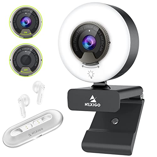 60FPS 1080P Webcam Kits, 2021 N960E FHD Web Camera with Ring Light, Software Included, Air T2 Ultra-Thin Wireless Earbuds, for Zoom/Skype/Teams, MAC PC