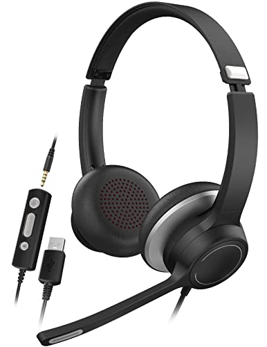 USB Headset with Microphone, PC Headset with 270 Degree Boom Noise Reduction Mic, Super Light Comfort-fit Office 3.5mm Computer Headphone, In-line Control with Mute for Zoom, Skype, Webinar, PC, Phone
