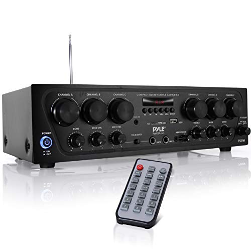 Bluetooth Home Audio Amplifier System - Upgraded 6 Channel 750 Watt Wireless Home Sound Power Stereo Receiver w/ USB, Micro SD, Headphone, 2 Microphone Input w/ , Talkover for PA - PTA62BT.5