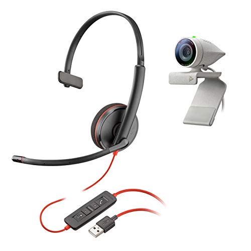 Studio P5 Webcam with Blackwire 3210 Headset Kit (Plantronics + Polycom) - 1080p HD Professional Video Conferencing Camera & Single-Ear Wired Headset USB-A - for Zoom & Teams