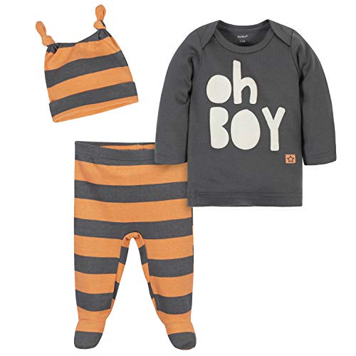 Baby Boys  2-Pack  3-Piece Shirt, Footed Pant, and Cap Set, Ivory Orange, 3-6 Months