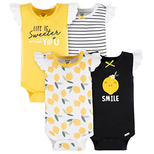 Baby Girls' 4-Pack Sleeveless Onesies Bodysuit, Yellow Lemons, 3-6 Months