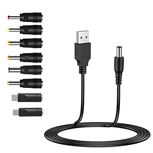 USB to DC 5V Power Cord, Universal DC 5.5x2.1mm Cable with 8 Connectors (6.4x4.4, 5.5x2.5, 4.8x1.7, 4.0x1.7, 3.5x1.35, 2.5x0.7, Micro USB, Type-C), for Router,Mini Fan,Speaker More 5V Devices
