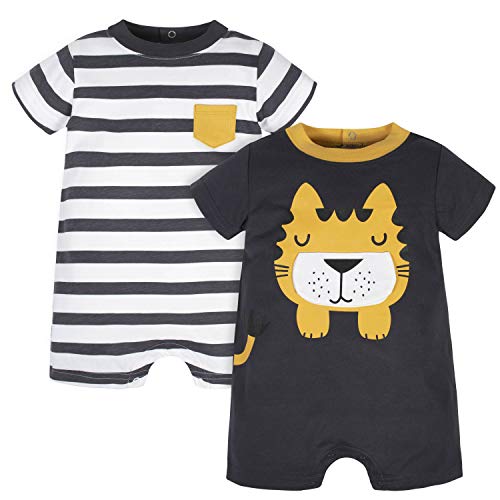 Baby Boys  2-Pack Rompers, Grey Tiger, 0-3 Months
