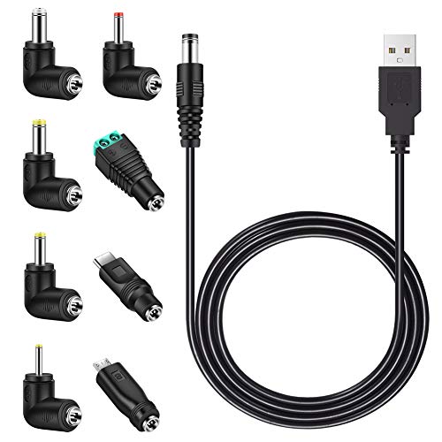 Universal 5V DC Power Cable, USB to DC 5.5x2.1mm Charging Cord Plug with 8 Connector Tips(5.5x2.5, 4.8x1.7, 4.0x1.7, 3.5x1.35, 2.5x0.7, Micro USB, Type-C, Universal Connector)