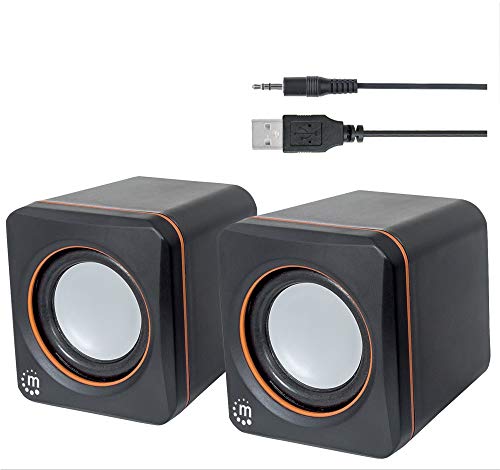 USB Powered Stereo Speaker System - Small Size - with Volume Control & 3.5 mm Aux Audio Plug to Connect to Laptop, Notebook, Desktop, Computer - 3 Yr Mfg Warranty - Black Orange, 161435
