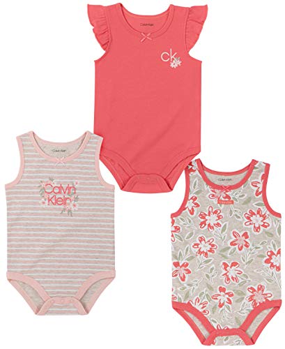 Girls' 3 Pieces Pack Bodysuits, Coral Reef/Oatmeal/Print, 6-9 Months