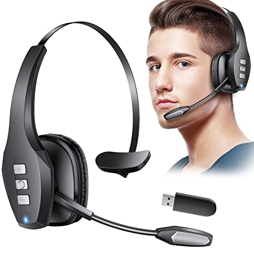 Bluetooth Headset, Trucker Wireless Headset with Microphone AI Noise Canceling & Mute Button, 60 Hrs Work Time On-Ear Headphones with USB Dongle for Call Center, Remote Work, Trucker, Zoom
