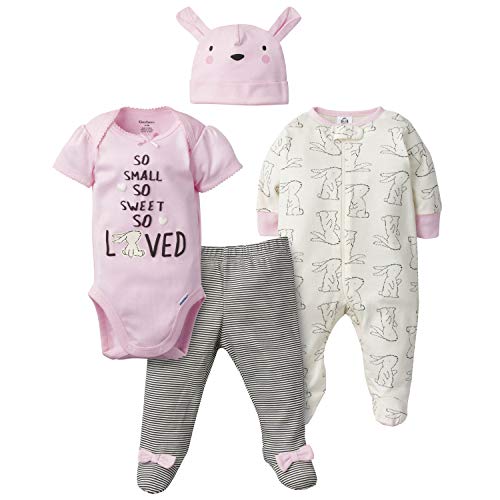 baby girls 4-piece Sleep 'N Play, Onesies, Pant and Cap Layette Set, Bunny Love, 0-3 Months US