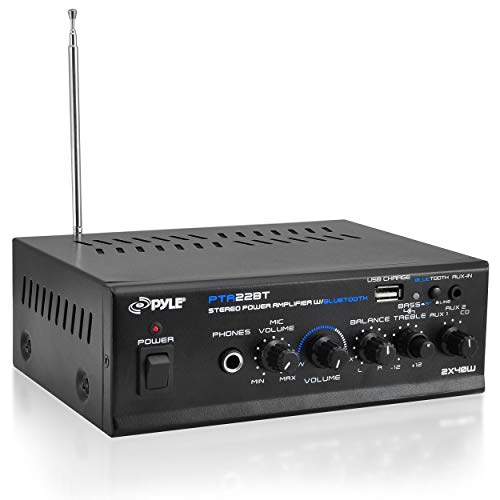 Bluetooth Mini Blue Series Home Audio Amplifier - Compact Desktop Home Theater-Stereo Amplifier Receiver with USB Charge Port - Pager & Mixer Karaoke Modes - Mic Input (40 Watt x 2) - PTA22BT