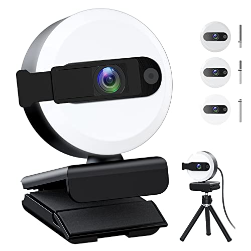 2K Webcam with Microphone, HD USB PC Camera Webcam with Ring Light & Privacy Cover,Plug & Play Streaming Computer Webcam with Tripod Stand for PC Video Conferencing Zoom Meeting Skype Desktop