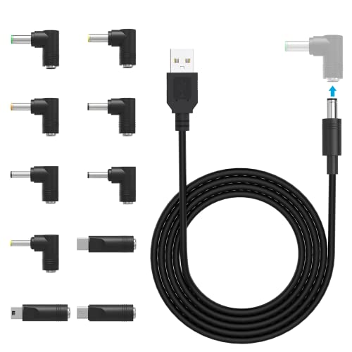 DC 5V Power Cable Replacement 5 Volt 3 Amp Power Cord with 10 Connector Tips Fit for Moon Lamp, Bluetooth Speaker, USB-HUB, Mini Fan, Tablet, Camera and More DC 5V Devices Charging Cable