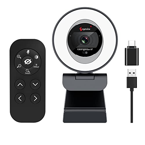 Zoomable Webcam with Remote, (Gen 2) 60FPS 1080P Streaming Webcam with Ring Light Adjustable Brightness 2X Digital Zoom Dual Stereo Mics and Privacy Cover for Zoom/Skype/Teams/Webex, Mac Windows