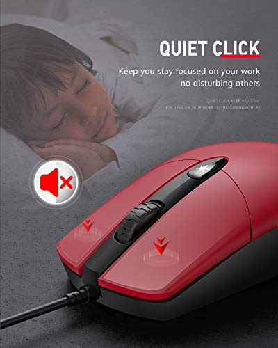 Wired Mouse with Ergonomic Design Reduces Hand Fatigue Muscle Strain, Silent USB Computer Mouse, 1600 DPI Office and Home Mice (Red, Wired)