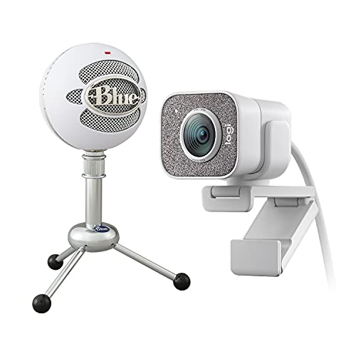 StreamCam Premium Webcam, Full HD 1080p 60 fps, Premium Glass Lens, Smart Auto-Focus, White and Blue Snowball USB Microphone - Textured White