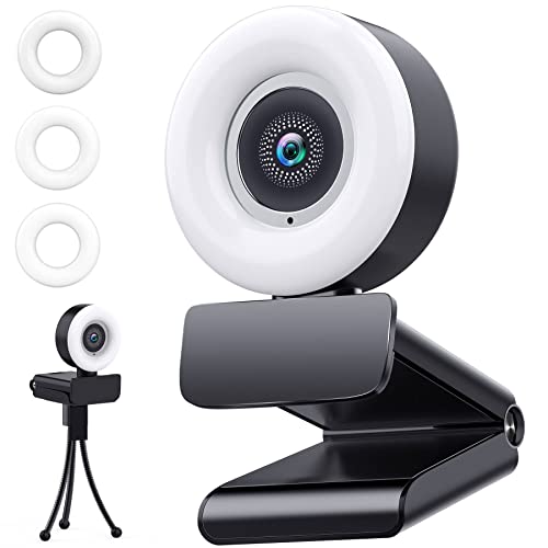 Webcam Streaming Camera USB Plug and Play 3-Level Adjustable Brightness Ring Light Camera with Microphone 2K FHD for Online Learning, Zoom Meeting Skype Teams, PC Mac Laptop Desktop