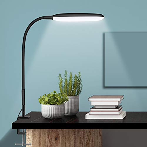 LED Desk Lamp with Clamp, 10W Swing Arm Lamp with Flexible Gooseneck, 3000-10000K, 3 Color Modes & 30 Brightness Levels, Eye-Caring Clip on Task Lamp for Home Office (Black)
