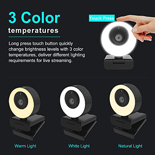 1080P 60FPS Webcam with Microphone, 2021 Computer Camera with Ring Light, Privacy Cover, Advanced Auto-Focus, Adjustable Brightness, Streaming Web Camera for Zoom Skype