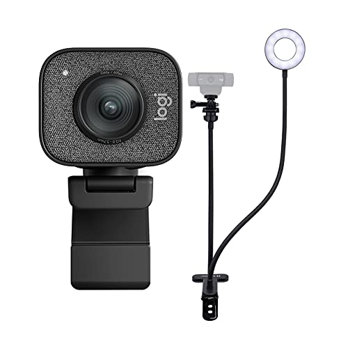 StreamCam Plus Webcam with Tripod (Graphite) and Knox Gear Webcam Stand with Selfie Ring Light Bundle (2 Items)