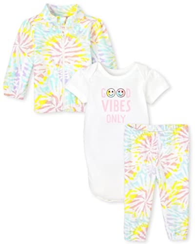 Baby Girls Sweatshirt, Short Sleeve Bodysuit and Pants, 3 Piece, Good Vibes Tie Dye Set, 3-6 Months