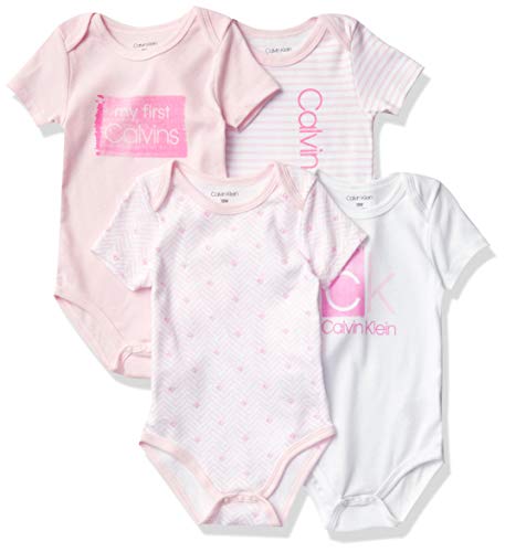 Girls' 4 Pieces Pack Bodysuits, White/Baby Pink/Pink Cabana, 3-6 Months