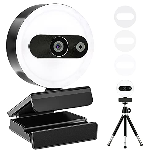 2K Streaming Webcam with Ring Light and Microphone, Webcam Cover, Adjustable 3-Level Brightness,USB Streaming Webcam Advanced Autofocus for PC Desktop Laptop