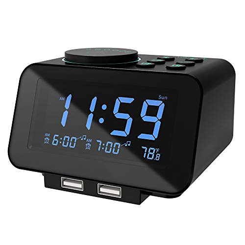 Digital Alarm Clock Radio - 0-100% Dimmer, Dual Alarm with Weekday/Weekend Mode, 6 Sounds Adjustable Volume, FM Radio w/ Sleep Timer, Snooze, 2 USB Charging Ports, Thermometer, Battery Backup